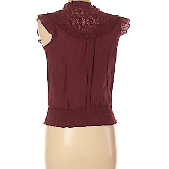 Short Sleeve Button-Down Lacy Blouse, Burgundy, M - Picture 2 of 8